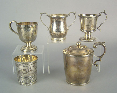 Appraisal: Five coin silver mugs th c bearing the touches of