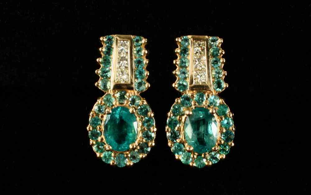 Appraisal: EARRINGS - Pair of K yellow gold Columbian emerald and