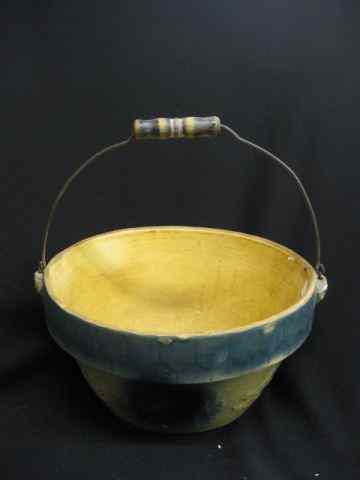 Appraisal: Yelloware Pottery Mixing Bowl blue decorated metal swing handle ''