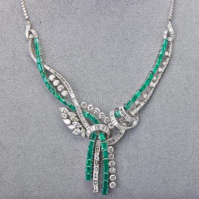 Appraisal: DIAMOND AND EMERALD FINGE NECKLACE Ribbons of rectangular and circular