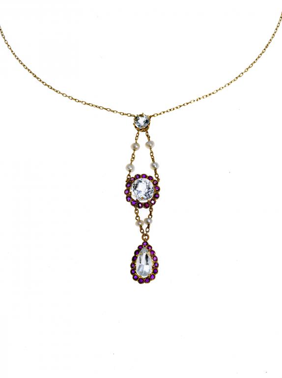 Appraisal: AN AQUAMARINE RUBY AND SEED PEARL PENDANT of two clusters