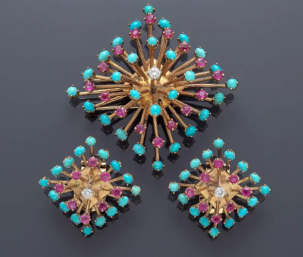 Appraisal: A turquoise ruby and diamond brooch and pair of matching