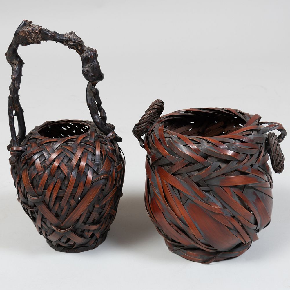 Appraisal: Two Japanese Woven Reed Ikebana Baskets One with a root