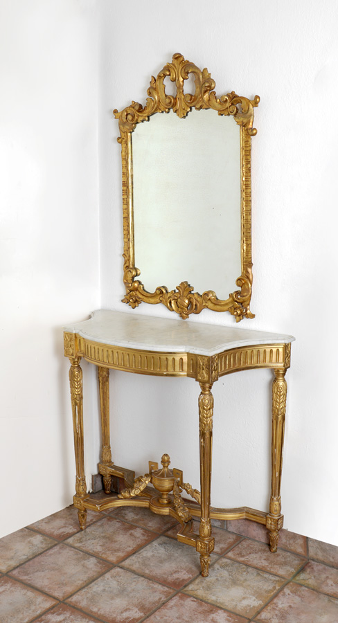 Appraisal: ROCOCO CARVED GILT WOOD CONSOLE TABLE MIRROR Continental rococo style