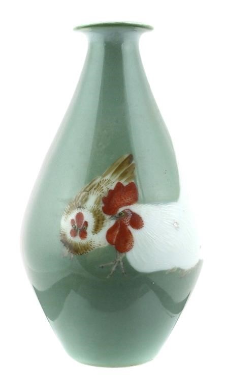 Appraisal: Tall antique Japanese vase with hen design on green grey