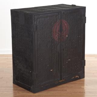 Appraisal: Japanese black painted rattan traveling chest Japanese black painted rattan