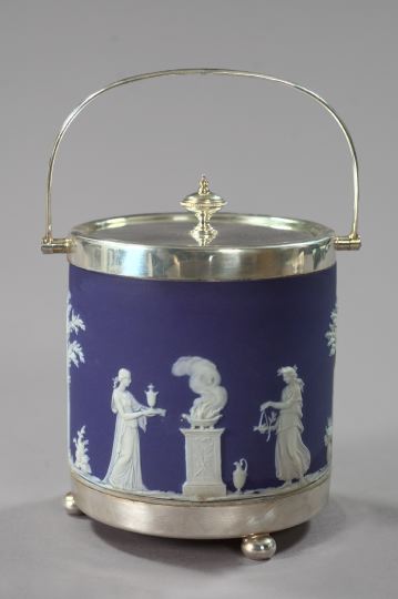 Appraisal: Wedgwood Silverplate-Mounted Biscuit Jar third quarter th century of cylindrical