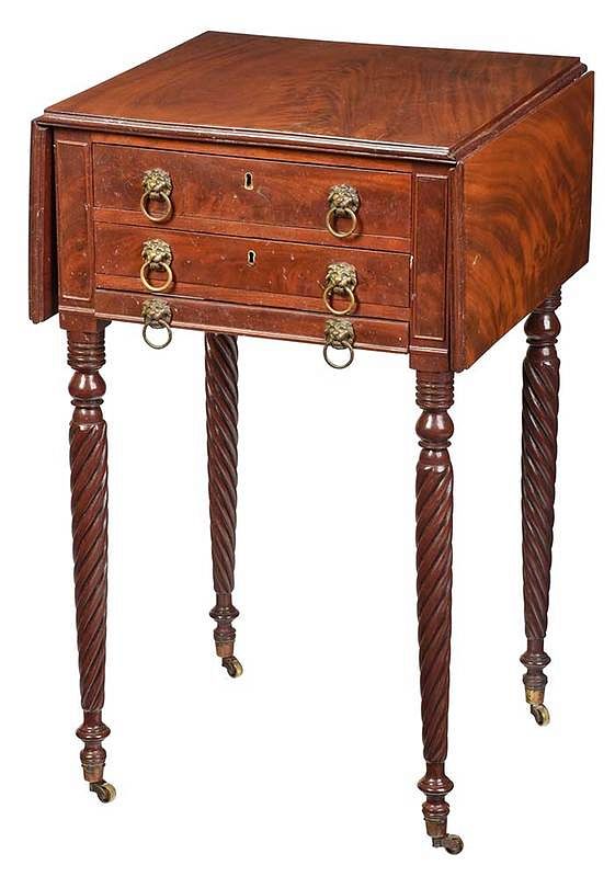 Appraisal: New England Figured Mahogany Work Table American circa cherry secondary