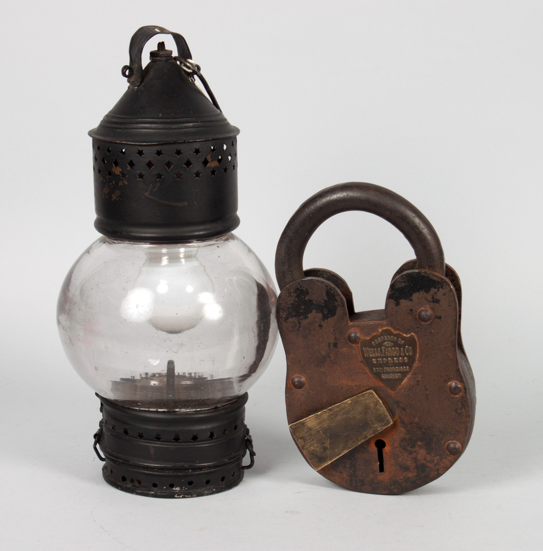 Appraisal: Wells Fargo lock and tin lantern large Wells Fargo wrought