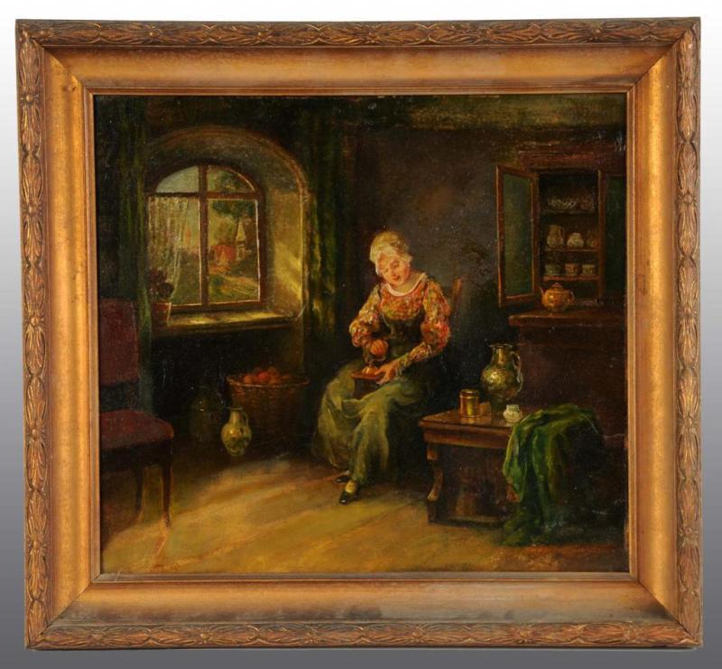 Appraisal: Oil Painting of Woman Working a Coffee Grinder Description Oil