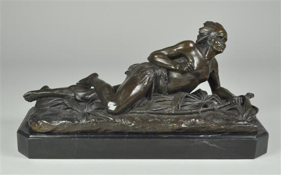 Appraisal: Reclining Bronze of Native American Male with Headdress Holding bow