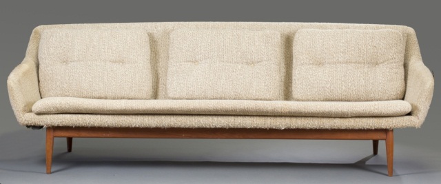 Appraisal: Upholstered Norwegian Sofa Teak base Fabric wear along corner bases