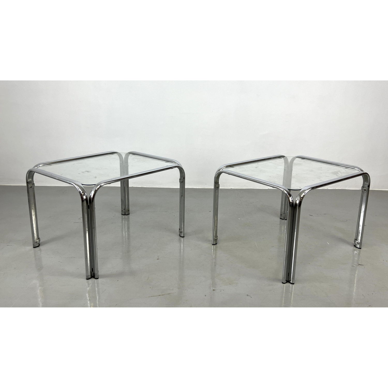 Appraisal: Pr Chrome Tube Glass Top Side Tables Modernist End Tables