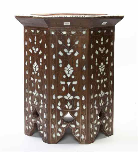 Appraisal: A Moroccan Bone Mother-of-Pearl and Silvered Metal Inlaid Wood Table