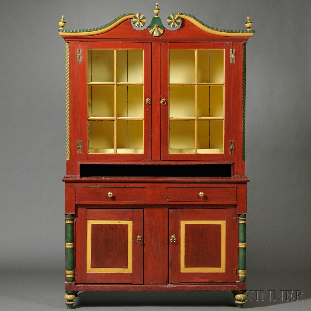 Appraisal: Paint-decorated Glazed Two-part Step-back Cupboard probably Pennsylvania c - the