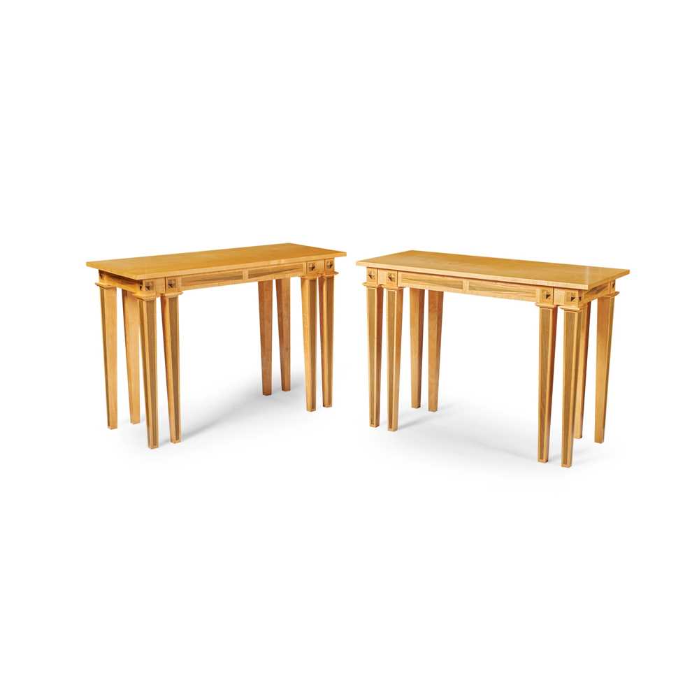 Appraisal: DAVID LINLEY LONDON PAIR OF CONSOLE TABLES CONTEMPORARY inlaid sycamore