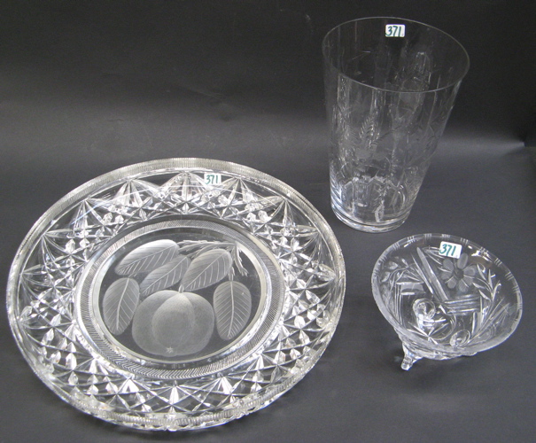 Appraisal: GROUP OF THREE CLEAR CUT CRYSTAL TABLE ACCESSORIES a heavy