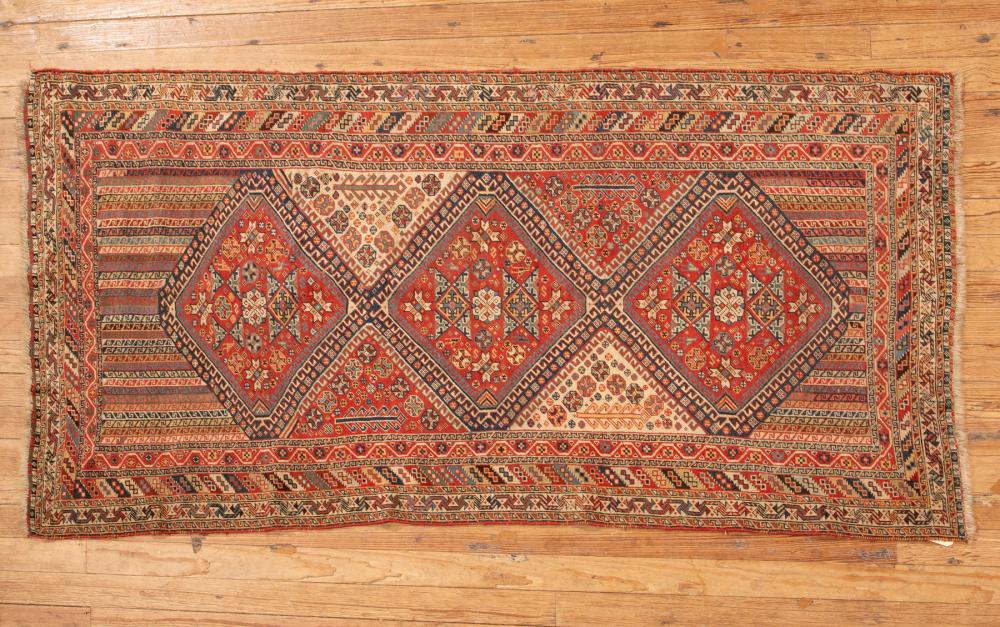 Appraisal: QASHQUA-STYLE SHIRAZ CARPETAntique Qashqua-Style Shiraz Carpet c s red ground