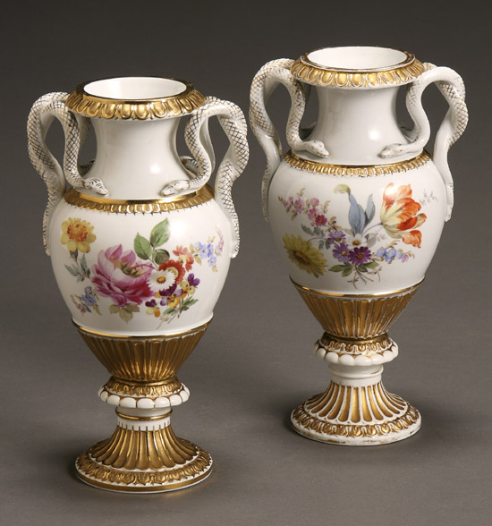 Appraisal: Pair of Meissen Partial Gilt Deutsche Blumen Vases Early th