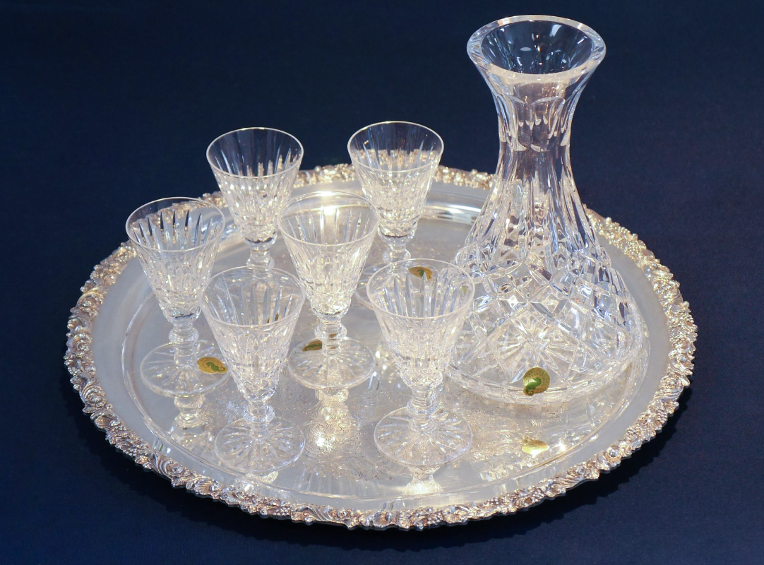 Appraisal: PIECE WATERFORD CRYSTAL WITH SILVERPLATE TRAY Lismore wine carafe ''