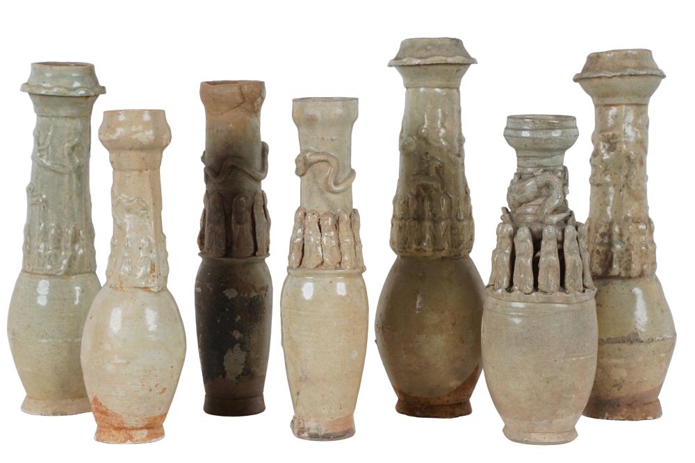 Appraisal: SEVEN CHINESE POTTERY FUNERARY URNSof varying sizes Condition with unglazed