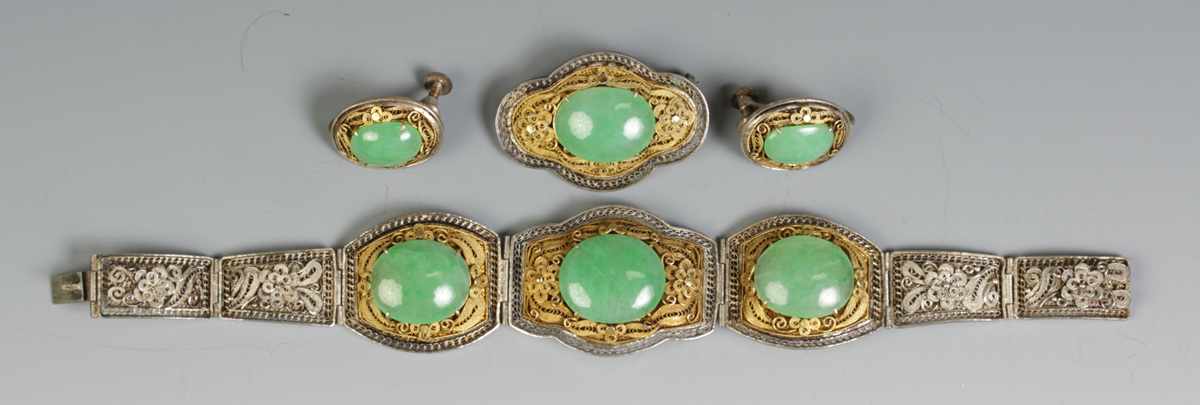 Appraisal: Chinese Silver Jade Bracelet Pin Earrings Marked Silver China Dimensions