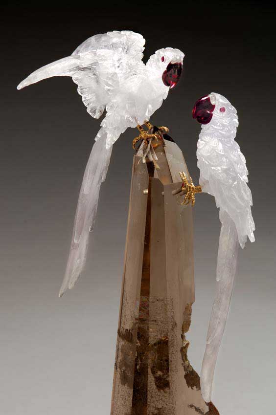 Appraisal: IMPRESSIVE ROCK CRYSTAL MACAWS Artist Peter Muller Brazil This sculpture