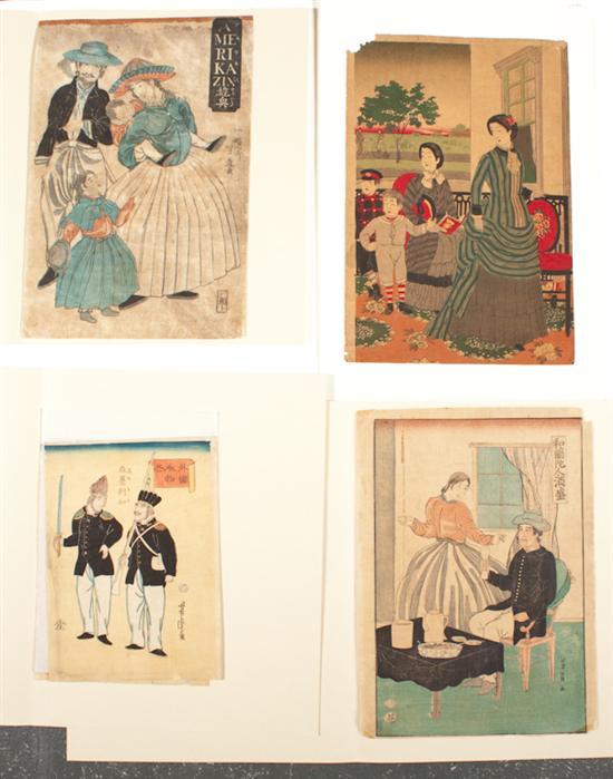 Appraisal: Five mid th century Japanese woodblock prints depicting Westerners from