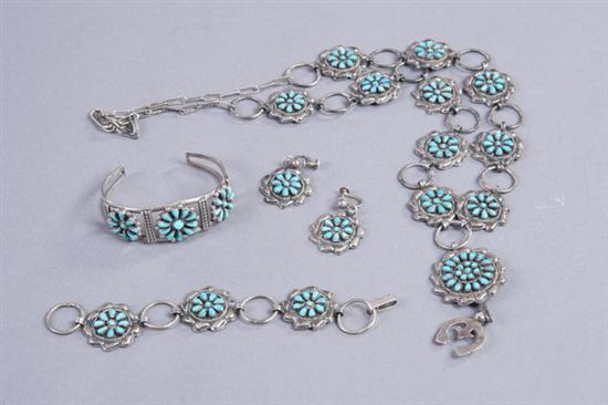 Appraisal: ZUNI PETIT POINT TURQUOISE AND STERLING SILVER PARURE unsigned Including