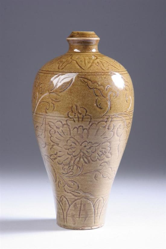 Appraisal: CHINESE BROWN GLAZED PORCELAIN MEIPING Yuan Dynasty Carved to depict