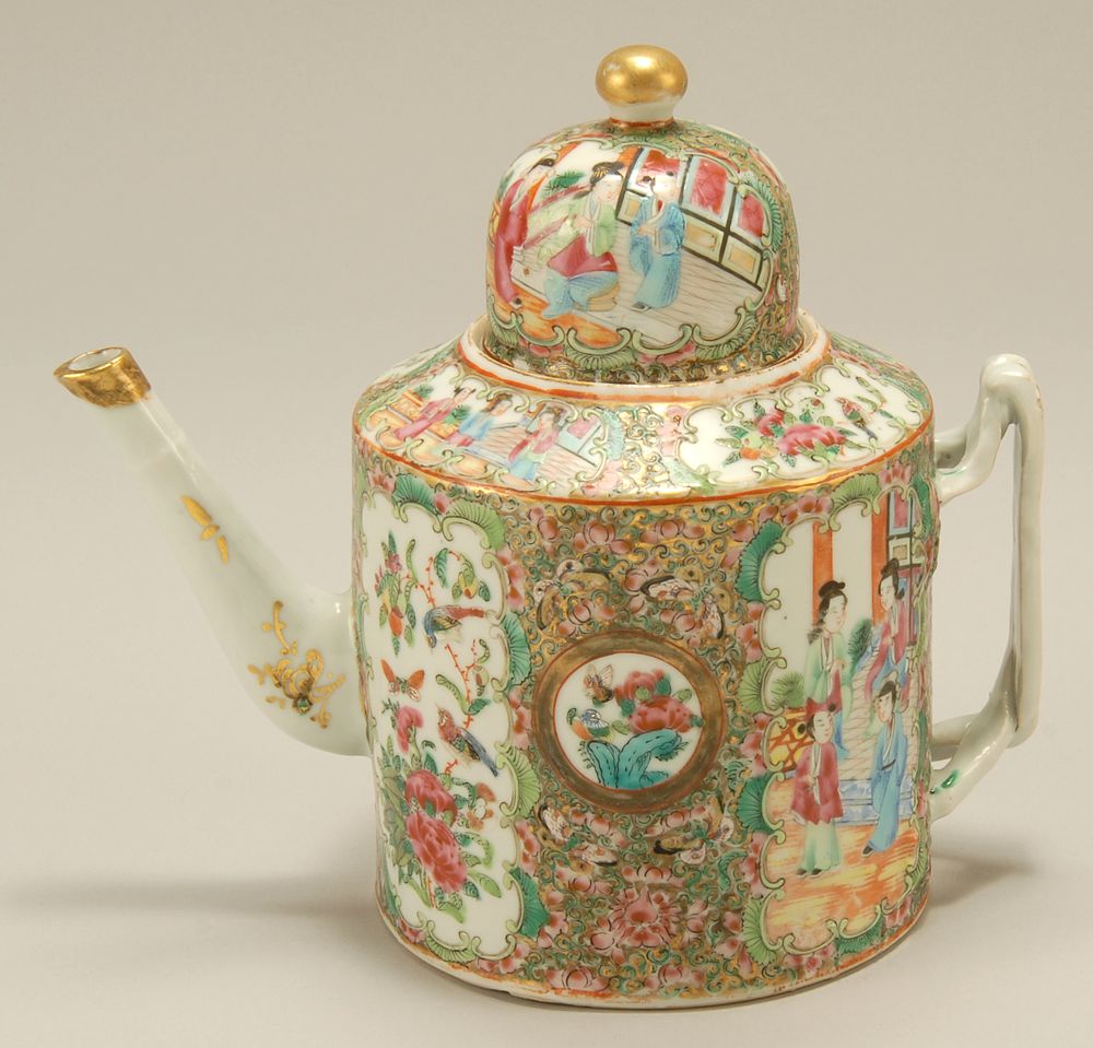 Appraisal: CHINESE EXPORT ROSE MEDALLION PORCELAIN TEAPOT Circa With unusual tall