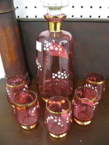 Appraisal: Cranberry Art Glass Decanter with Five Glasses enameled floral gold