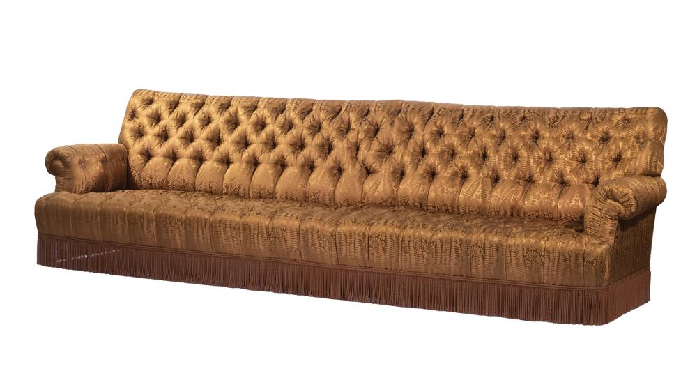 Appraisal: Hollywood Regency-Style Custom Upholstered Sofa De Angelis New York fern-pattern