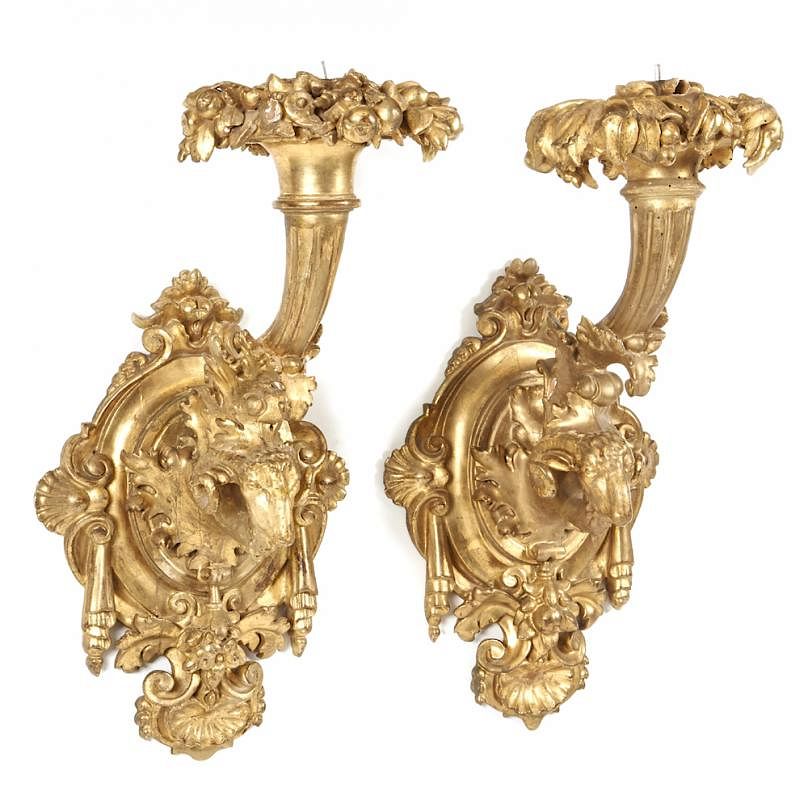 Appraisal: Pair th Continental giltwood candle sconces t Pair th Continental