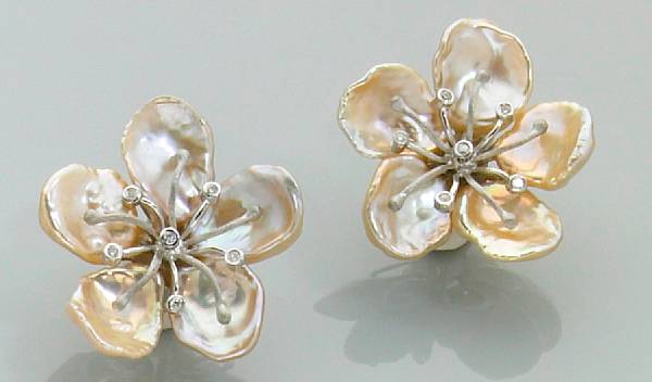 Appraisal: Pair of Keshi Pearl and Diamond Earrings Each of flower