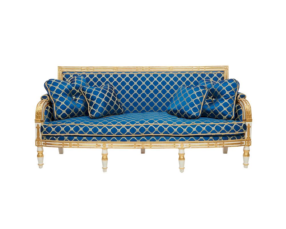 Appraisal: Empire Style White Painted and Parcel Gilt Settee with cobalt