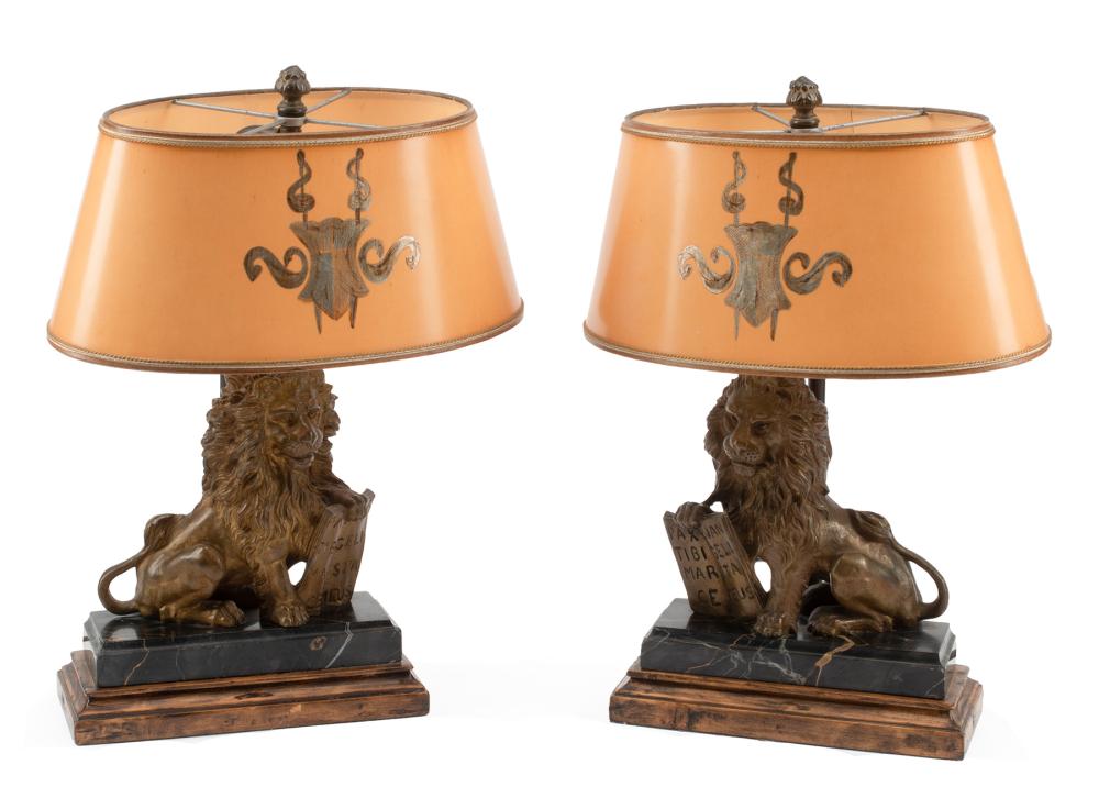 Appraisal: Pair of English Bronze and Marble Figural Table Lamps opposing