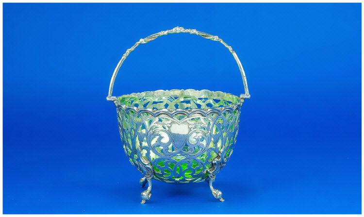 Appraisal: Victorian Silver Pierced Swing Handle Basket with Liner Hallmark Birmingham