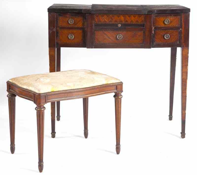 Appraisal: Louis XVI Style Parquetry Poudreusewith Louis XVI style vanity bench