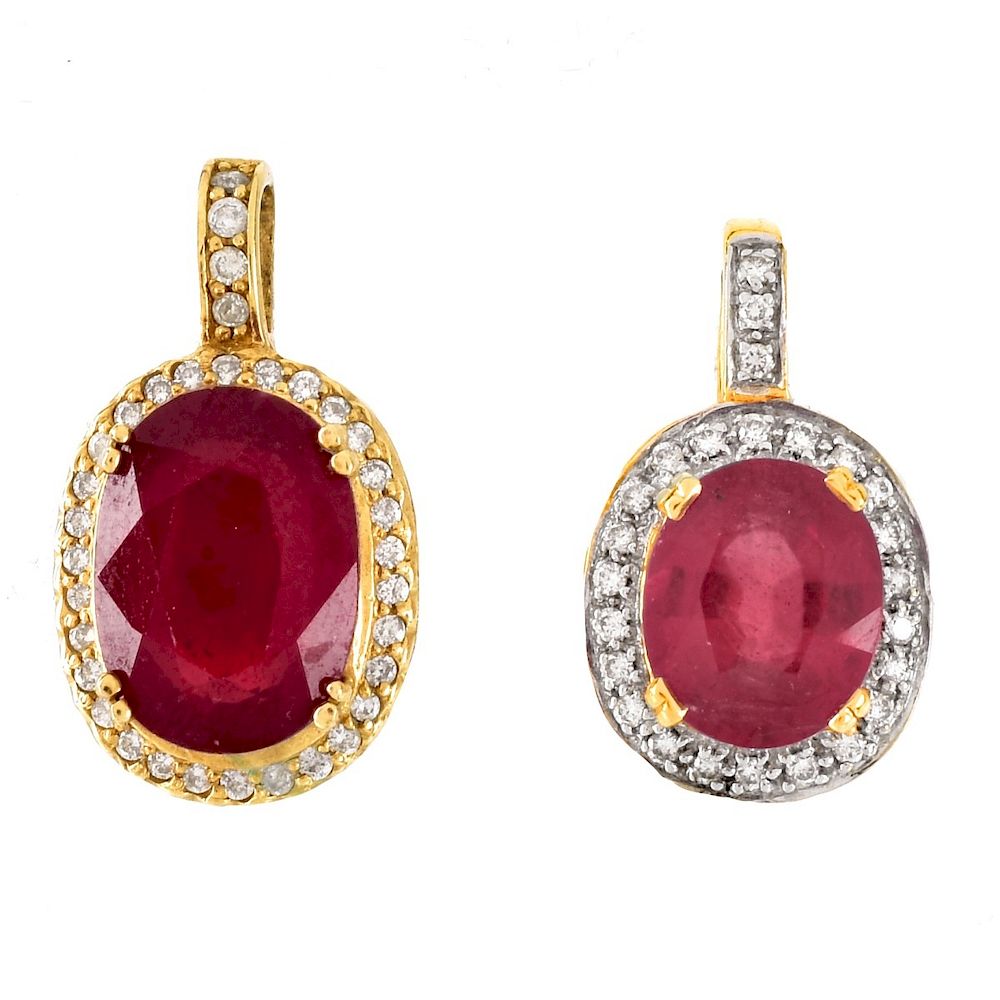 Appraisal: Two Gemstone and Gold Pendants Glass Filled Oval Cut Ruby