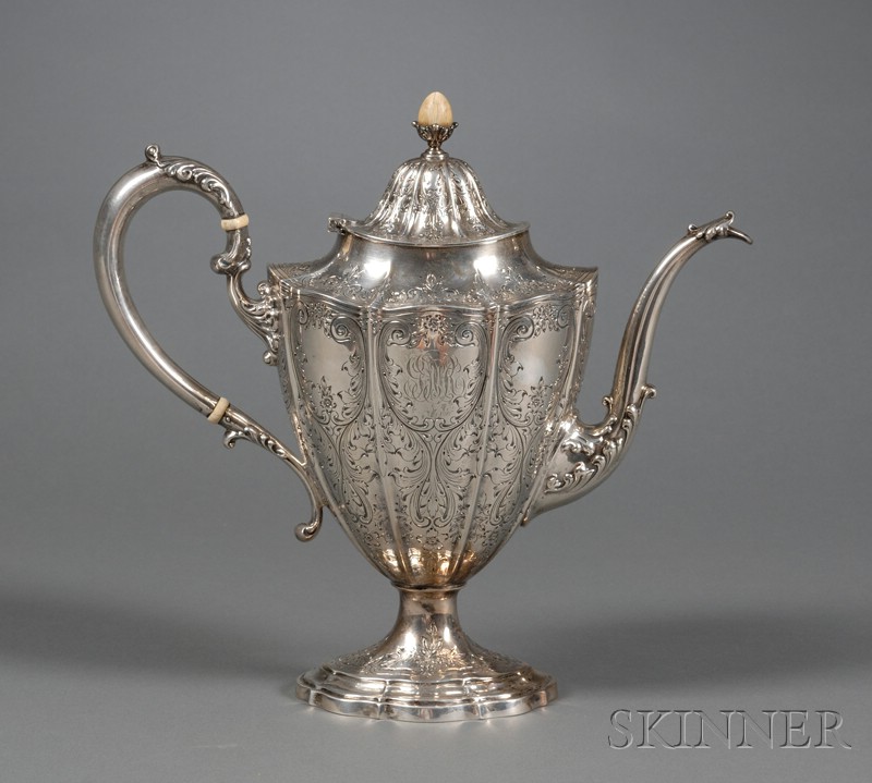 Appraisal: Durgin Engraved Sterling Coffeepot early th century paneled urn form