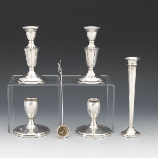 Appraisal: GROUP OF STERLING CANDLEHOLDERS AND BUD VASE Two Black Starr