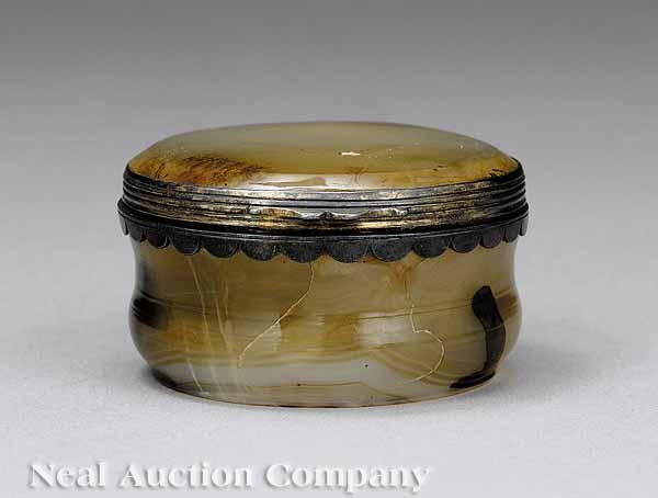 Appraisal: A Good Agate and Silver-Mounted Powder Box late th early