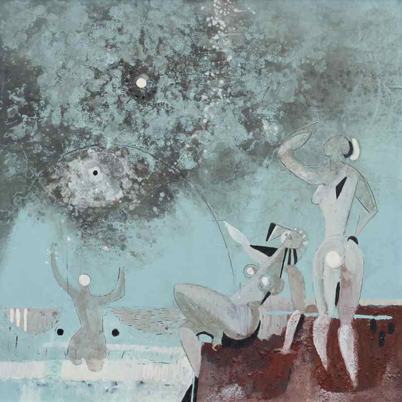 Appraisal: 'LOS ECLIPCES'' SURREAL PAINTING Depicting three female nudes by the