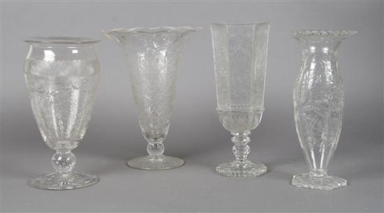 Appraisal: A Collection of Four Cut and Etched Glass Vases Height