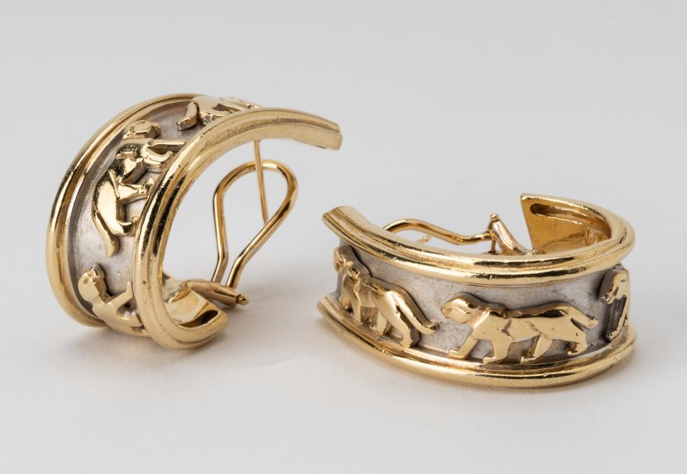 Appraisal: PAIR OF KARAT TWO-TONE GOLD PANTHER HOOP EARRINGSmeasure x mm