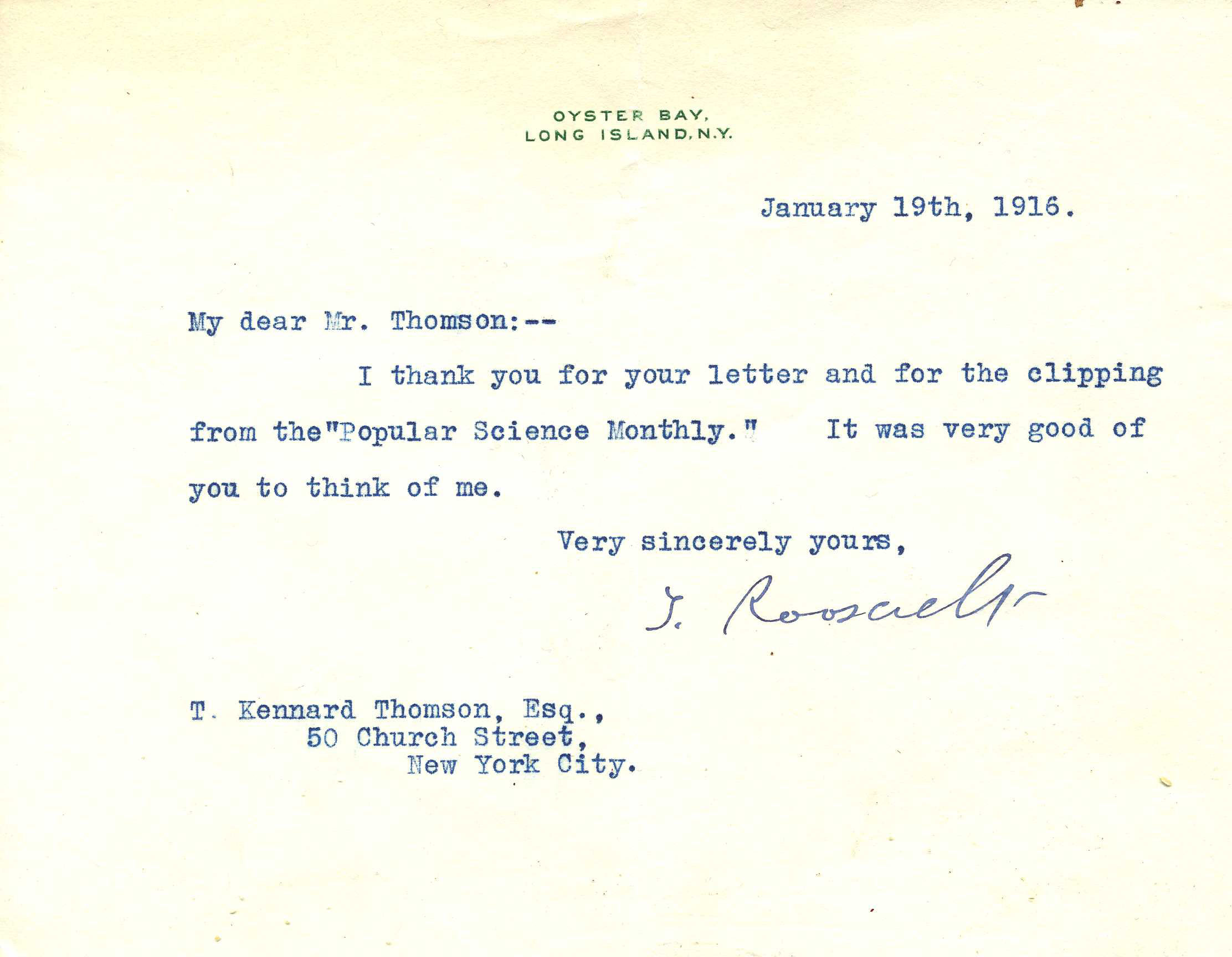 Appraisal: piece Typed Letter Signed Roosevelt T heodore Oyster Bay N