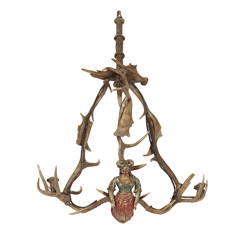 Appraisal: GERMAN 'LUSTERWEIBCHEN' ANTLER CHANDELIER TH CENTURY with a carved figure