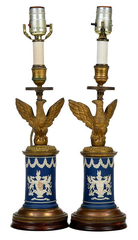 Appraisal: Pair Jasperware Candlesticks Converted to Lamps British th century possibly