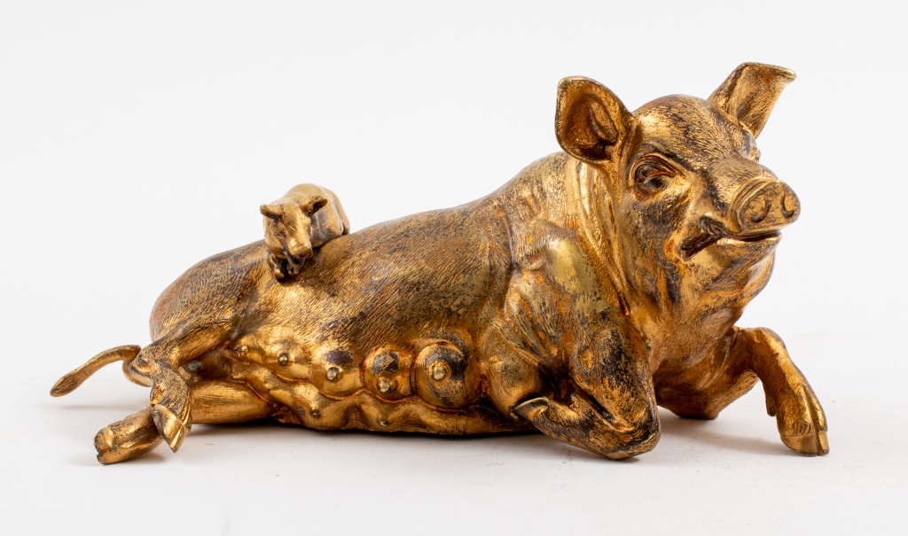 Appraisal: EUROPEAN PIG PIGLET GILT BRONZE SCULPTURE European gilt bronze animalier